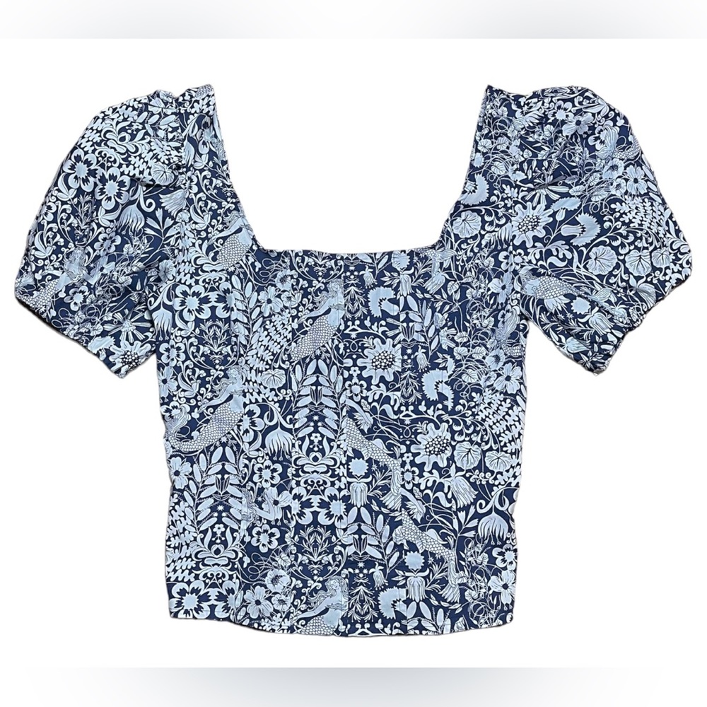 J Crew Puff Sleeve Cotton Poplin Square Neck Mermaid Floral Top NWOT Sz 2